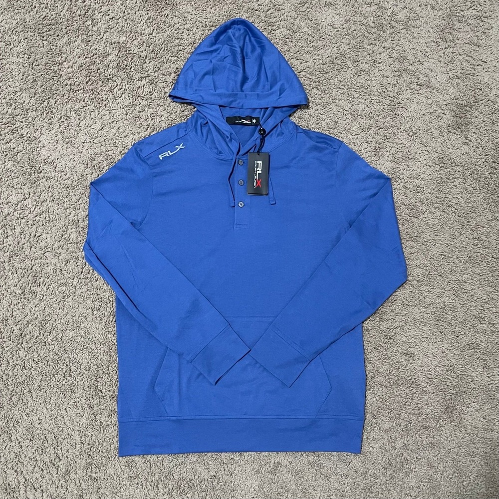 RLX Ralph Lauren Hoodie Mens Medium Blue Henley Golf Sweatshirt Kangaroo Pockets